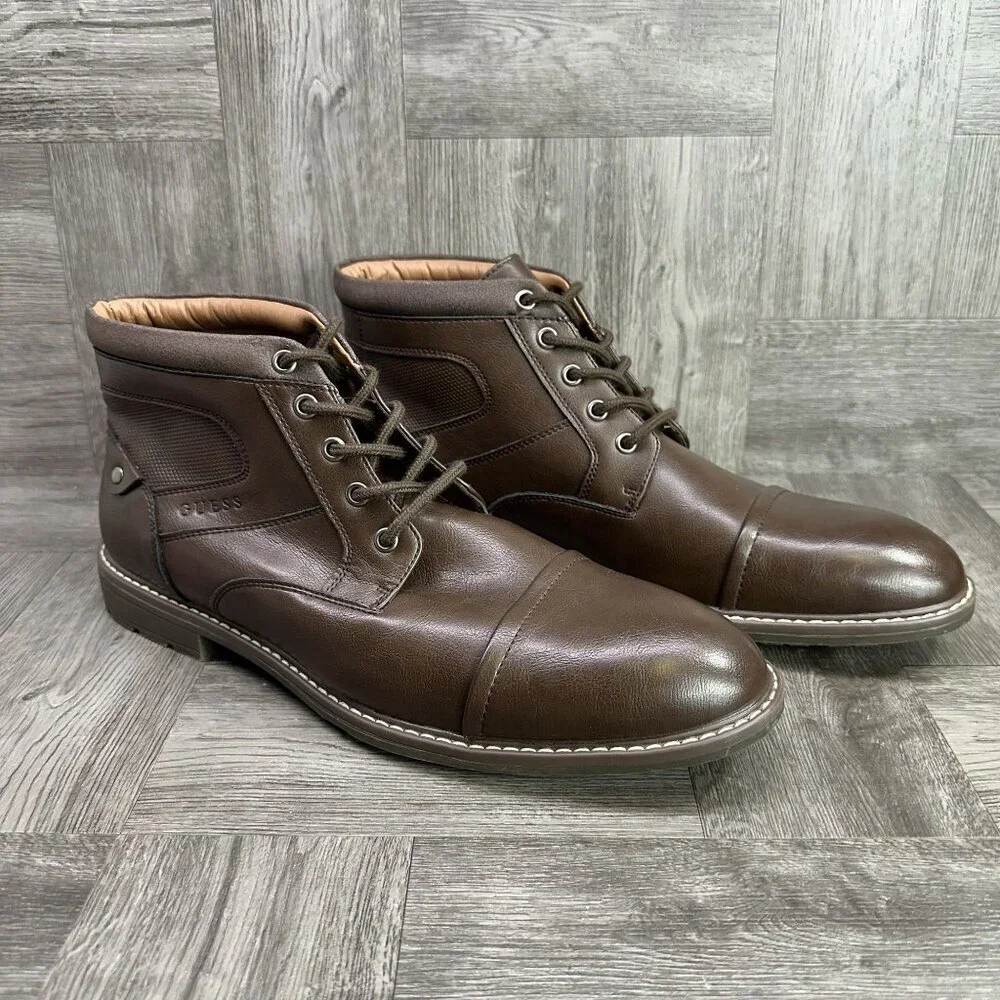 Guess Boots Mens 12 Brown Cap Toe Lace Up Synthetic Leather NEW